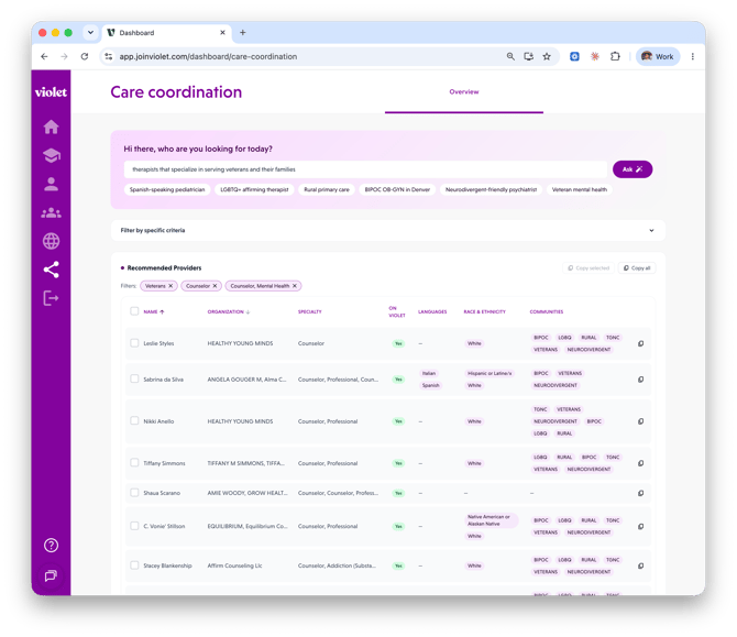 Violet Care Coordination View